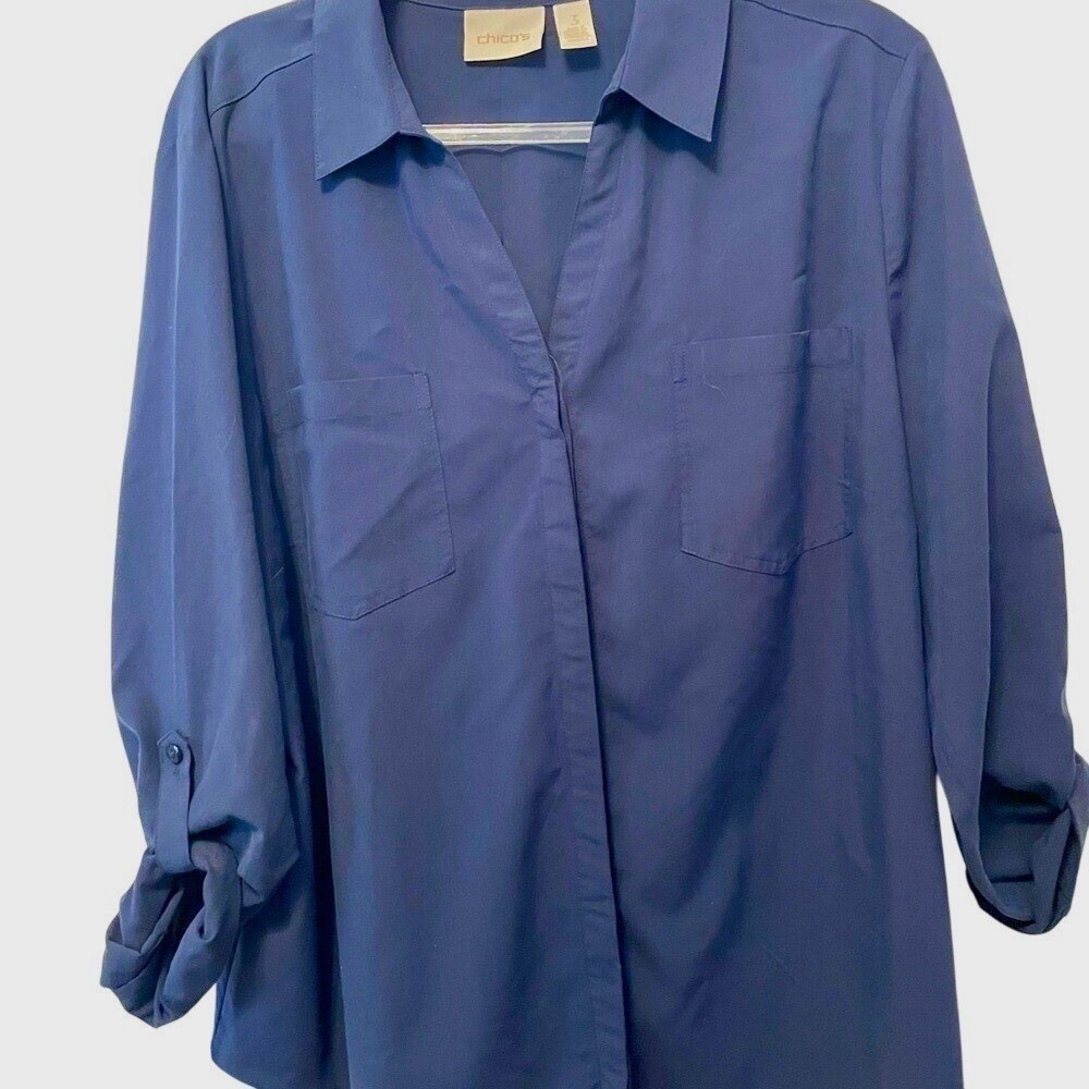 Chicos‎ Navy Blue Roll Tab Sleeve Button Down Shirt Size Large XL Hidden Placket